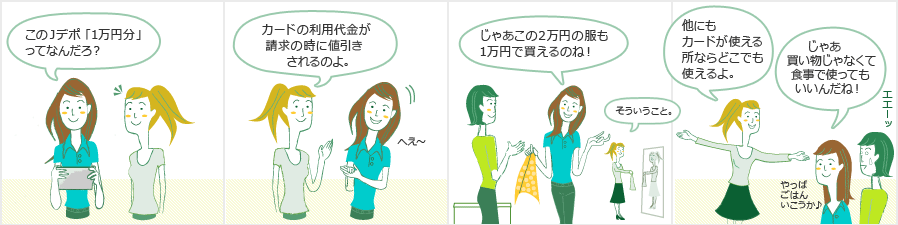 A「このJデポ「1万円分」ってなんだろ？」　B「カードの利用代金が請求の時に値引きされるのよ。」　A「じゃあこの2万円の服も1万円で買えるのね！」　B「そういうこと。他にもカードが使える所ならどこでも使えるよ。」　A「じゃあ買い物じゃなくて食事で使ってもいいんだね！」