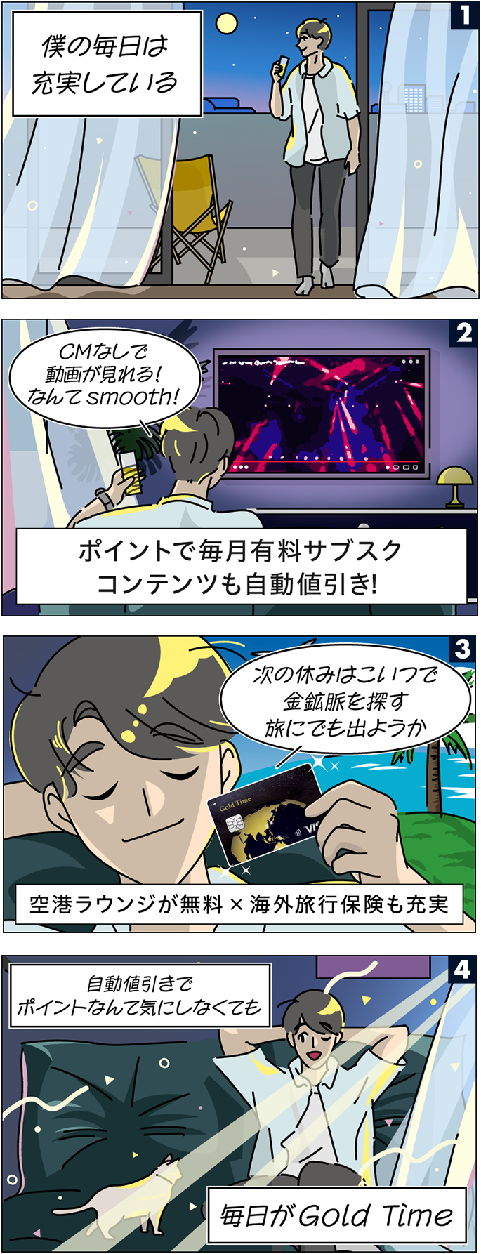Gold Time利用イメージイラスト。Gold Timeならポイントで毎月有料サブスクコンテンツも自動値引き！空港ラウンジが無料×海外旅行保険も充実。毎日がGold Time