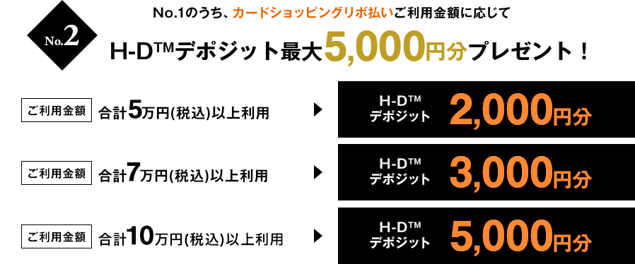 No.2 No.1のうち、カードショッピングリボ払いご利用金額に応じてH-D&trade;デポジット最大5,000円分プレゼント！ [ご利用金額合計5万円(税込)以上利用]H-D&trade;デポジット2,000円分 [ご利用金額合計7万円(税込)以上利用]H-D&trade;デポジット3,000円分 [ご利用金額合計10万円(税込)以上利用]H-D&trade;デポジット5,000円分