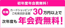初年度年会費無料!年間 カードショッピングご利用合計金額30万円以上で次年度も年会費無料!