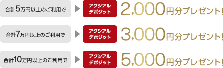 合計5万円以上のご利用でアクシアルデポジット2,000円分プレゼント！ 合計7万円以上のご利用でアクシアルデポジット3,000円分プレゼント！ 合計10万円以上のご利用でアクシアルデポジット5,000円分プレゼント！