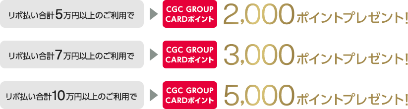 リボ払い合計5万円以上のご利用でCGC GROUP CARDポイント2,000ポイントプレゼント! リボ払い合計7万円以上のご利用でCGC GROUP CARDポイント3,000ポイントプレゼント! リボ払い合計10万円以上のご利用でCGC GROUP CARDポイント5,000ポイントプレゼント!