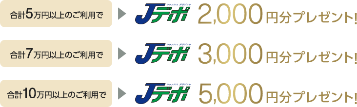 合計5万円以上のご利用でJデポ2,000円分プレゼント！合計7万円以上のご利用でJデポ3,000円分プレゼント！合計10万円以上のご利用でJデポ5,000円分プレゼント！