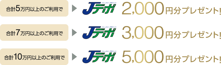 合計5万円以上のご利用でJデポ2,000円分プレゼント！合計7万円以上のご利用でJデポ3,000円分プレゼント！合計10万円以上のご利用でJデポ5,000円分プレゼント！