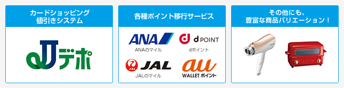 「カードショッピング値引きシステム」Jデポ　「各種ポイント移行サービス」ANAのマイル、dポイント、JALのマイル、WALLETポイント　「その他にも、豊富な商品バリエーション！」