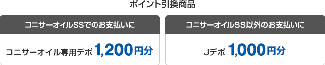 ポイント引換商品 コニサーオイルSSでのお支払いに コニサーオイル専用デポ 1,200円分 コニサーオイルSS以外のお支払いに Jデポ 1,000円分