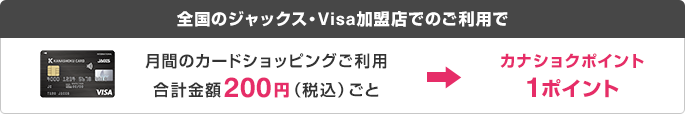 全国のジャックス・Visa加盟店でのご利用で 月間のカードショッピングご利用合計金額200円（税込）ごと カナショクポイント1ポイント