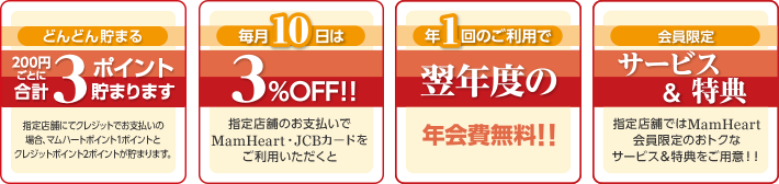 どんどん貯まる 200円ごとに合計3ポイント貯まります 指定店舗にてクレジットでお支払いの場合、マムハートポイント1ポイントとクレジットポイント2ポイントが貯まります。 毎月10日は 3%OFF！！ 指定店舗のお支払でMamHeart・JCBカードをご利用いただくと 年1回のご利用で 翌年度の 年会費無料！！ 会員限定 サービス&特典  指定店舗ではMamHeart会員限定のおトクなサービス&特典をご用意！！