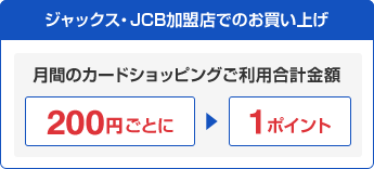ジャックス・JCB加盟店でのお買い上げ 月間のカードショッピングご利用合計金額200円ごとに1ポイント