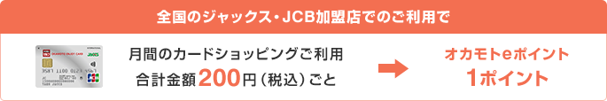 全国のジャックス・JCB加盟店でのご利用で月間のカードショッピングご利用合計金額200円(税込)ごとオカモトeポイント1ポイント