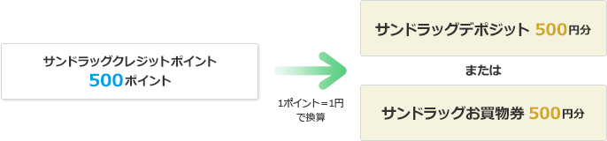 サンドラッグクレジットポイント500ポイント 1ポイント=1円で換算 サンドラッグデポジット500円分またはサンドラッグお買物券 500円分