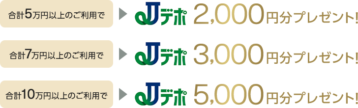 合計5万円以上のご利用でJデポ2,000円分プレゼント！合計7万円以上のご利用でJデポ3,000円分プレゼント！合計10万円以上のご利用でJデポ5,000円分プレゼント！