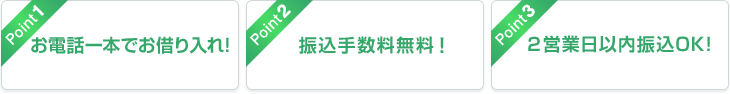 Point1 お電話一本でお借り入れ！ Point2 振込手数料無料！ Point3 2営業日以内振込OK!